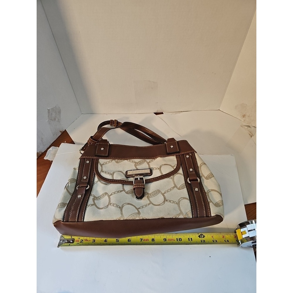 CHAPS Satchel Purse Beige Jacquard - 3 Compartments Zip